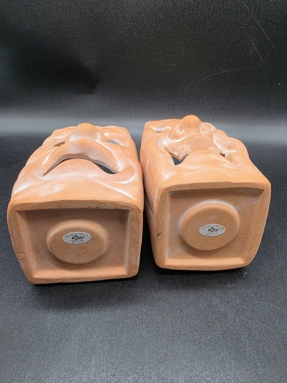 Russ Jack-O-Lantern Terracotta Paper Bag Pumpkin Candleholder Pair Halloween Vtg